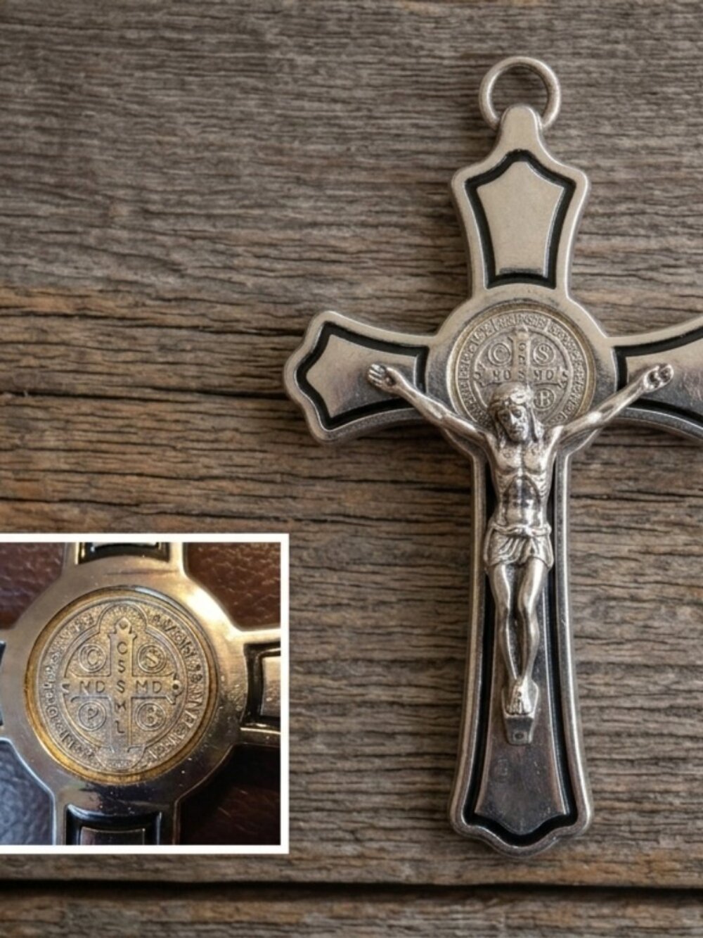 St Benedict Jubilee Crucifix Cross Made in Italy Black Enamel Silver Tone INRI